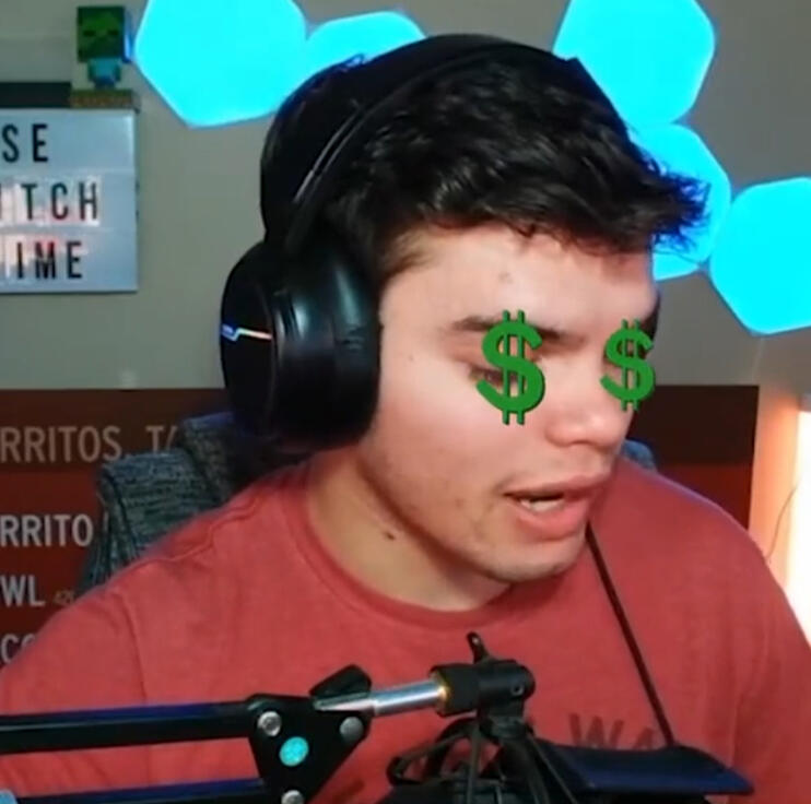 Treverse looking in the distance, with dollar signs ($) on his eyes.